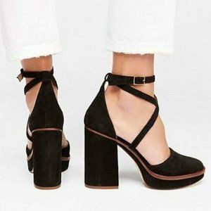 Free People Remi Suede Platform Black Retro Block Heel Strappy 6.5 Pumps
